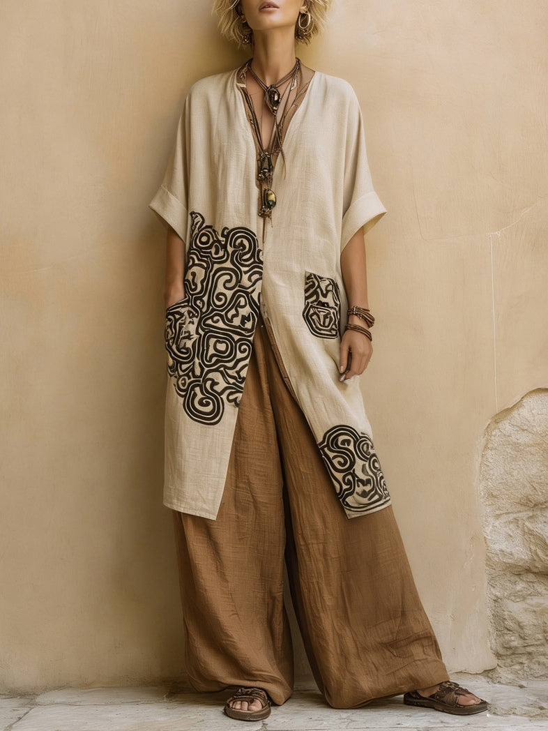 Ensemble Trois Pièces à Motif Tribal Bohème Nomade Gris Foncé et Marron