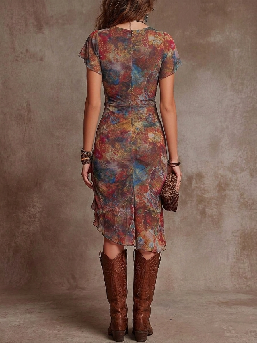 Robe Midi Plissée Bohème à Col V et Imprimé Art Abstrait