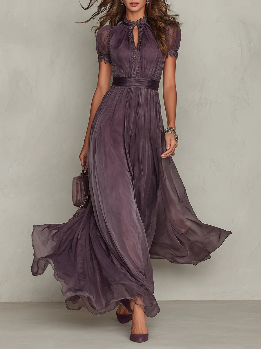 Robe Maxi en Mousseline avec Encolure Trou de Serrure et Bordure en Dentelle Violette