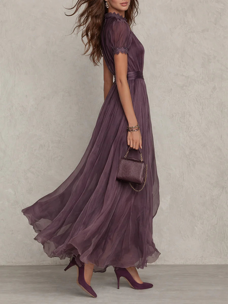 Robe Maxi en Mousseline avec Encolure Trou de Serrure et Bordure en Dentelle Violette