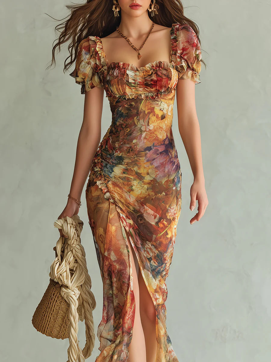 Robe Maxi en Mousseline Orange Bohème à Imprimé Peinture à l'Huile Style Vacances