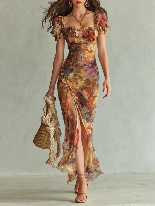 Robe Maxi en Mousseline Orange Bohème à Imprimé Peinture à l'Huile Style Vacances