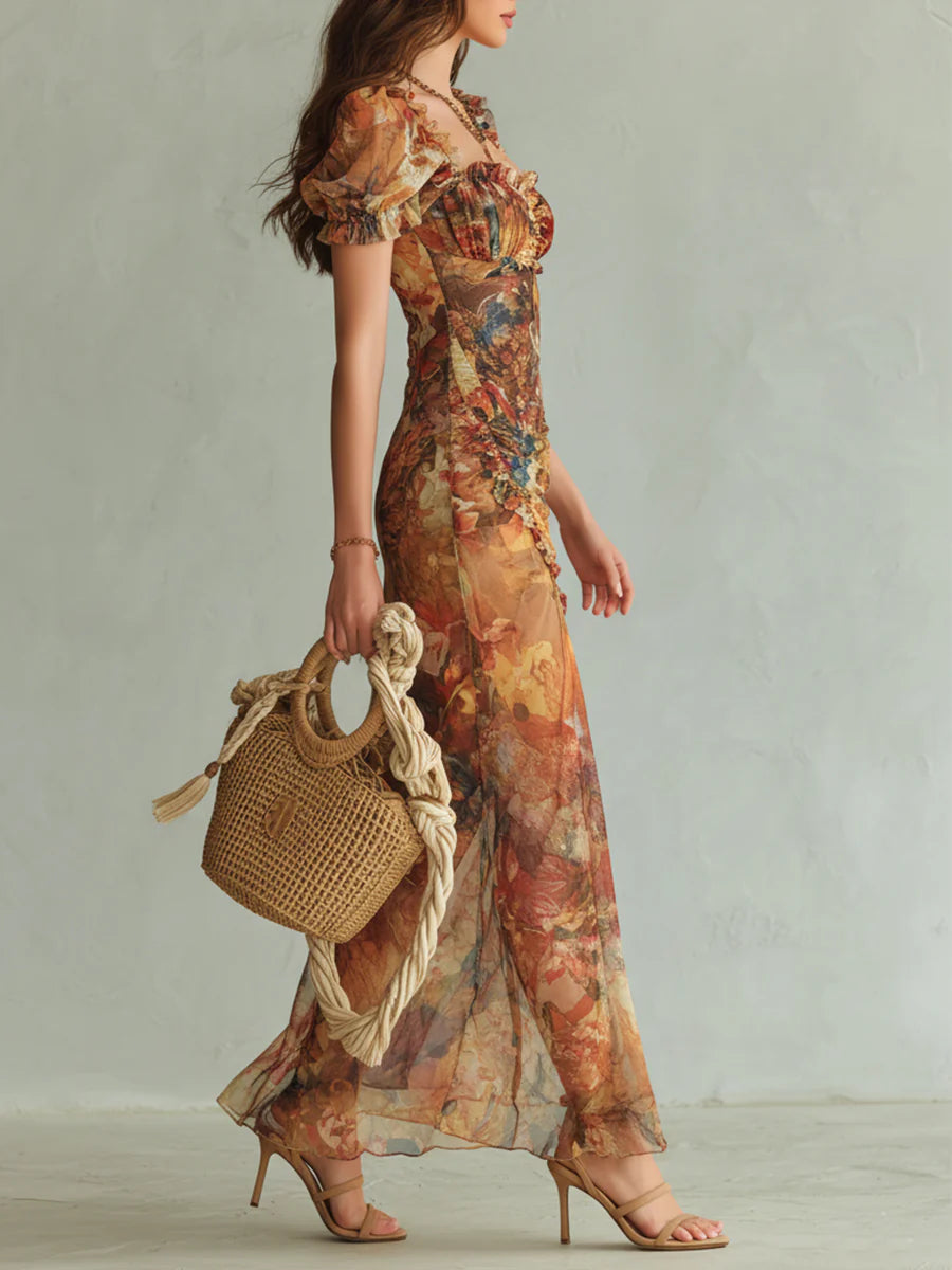 Robe Maxi en Mousseline Orange Bohème à Imprimé Peinture à l'Huile Style Vacances