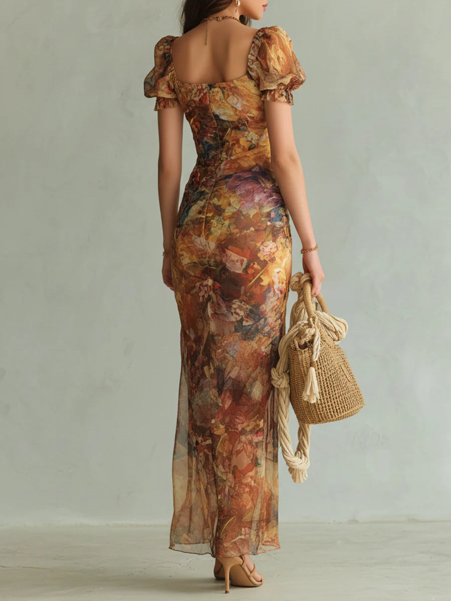 Robe Maxi en Mousseline Orange Bohème à Imprimé Peinture à l'Huile Style Vacances