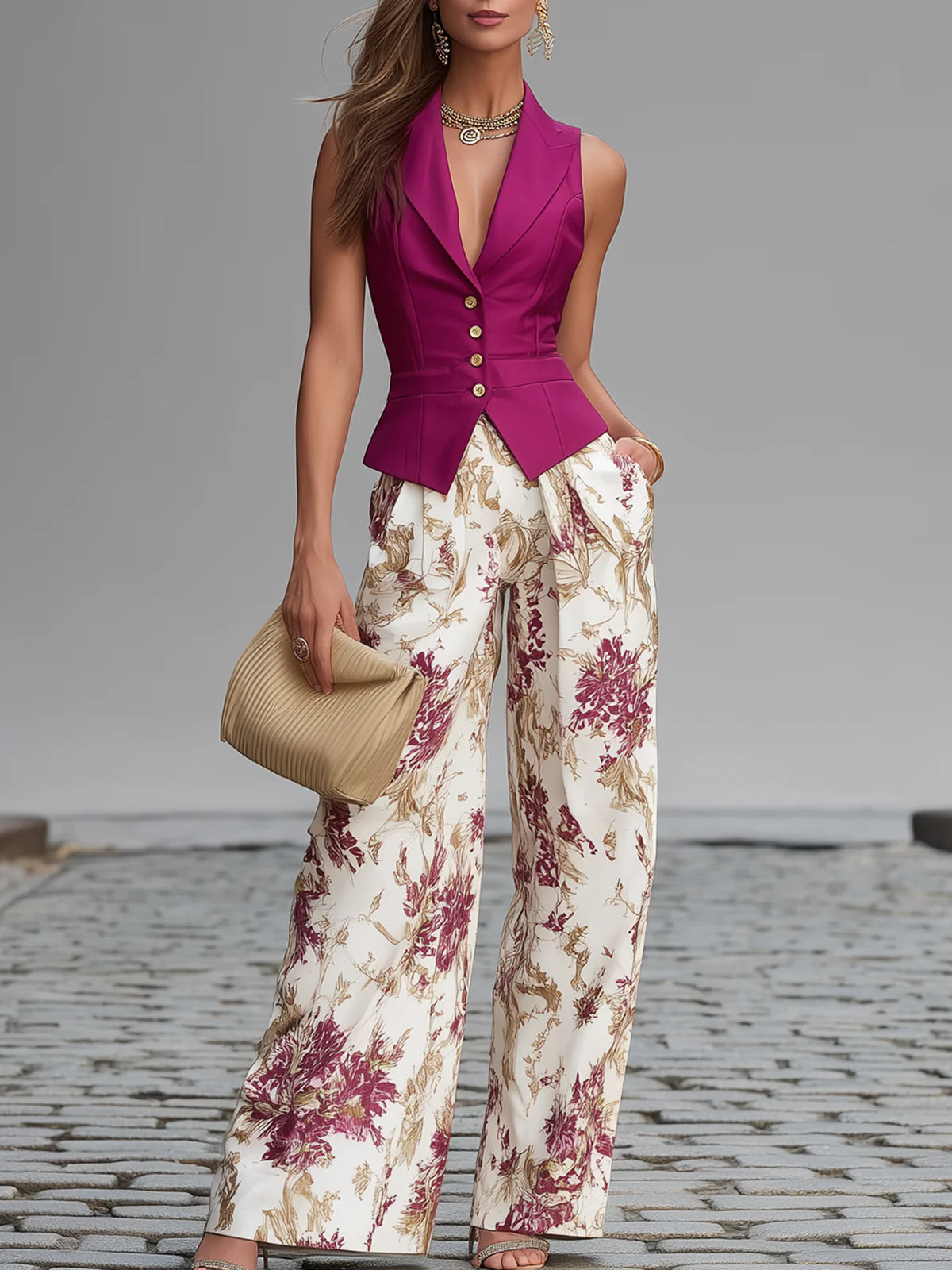 Ensemble Gilet Sans Manches Rose et Pantalon Large à Imprimé Floral