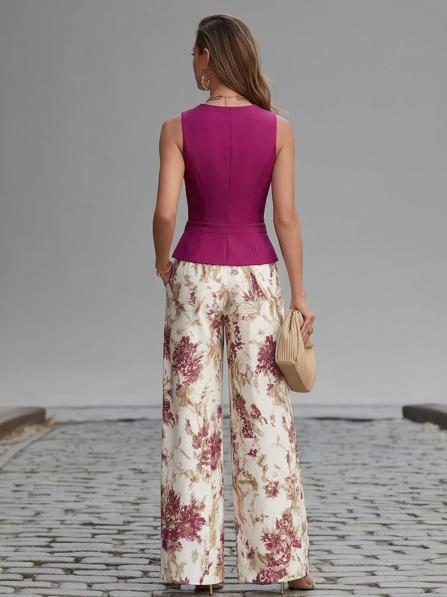 Ensemble Gilet Sans Manches Rose et Pantalon Large à Imprimé Floral