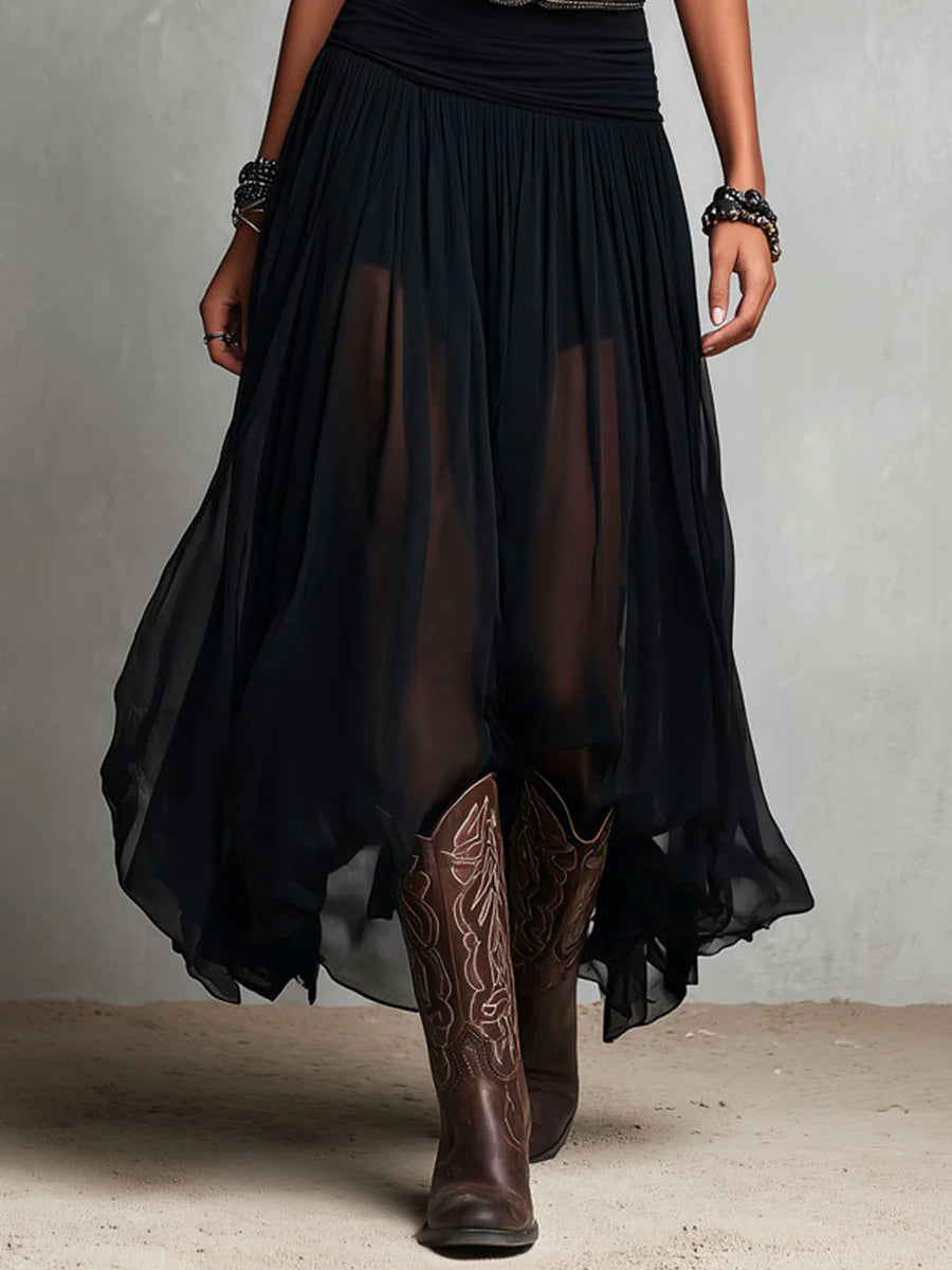 Robe Maxi Noire Sans Manches avec Jupe en Tulle (avec ceinture)