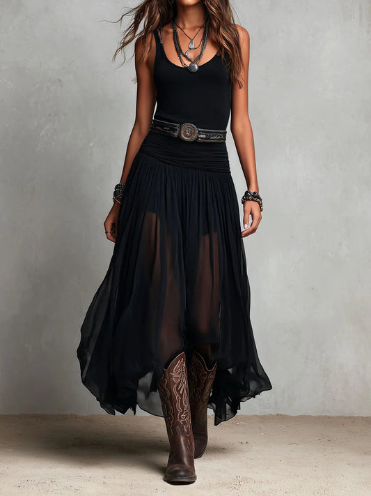 Robe Maxi Noire Sans Manches avec Jupe en Tulle (avec ceinture)