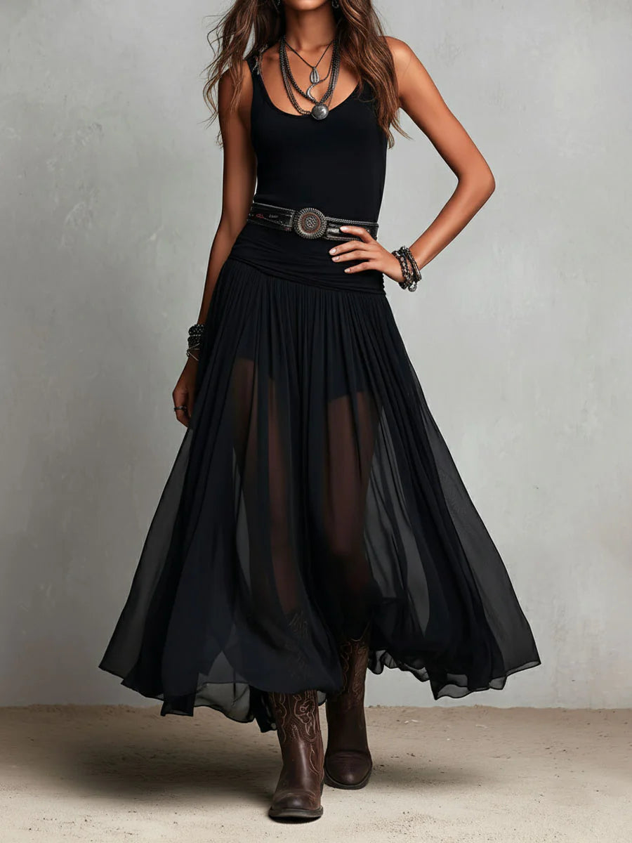Robe Maxi Noire Sans Manches avec Jupe en Tulle (avec ceinture)