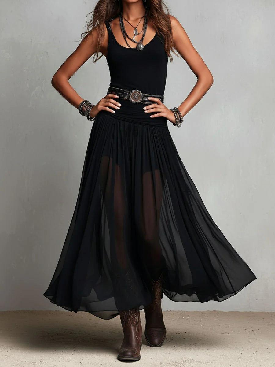 Robe Maxi Noire Sans Manches avec Jupe en Tulle (avec ceinture)