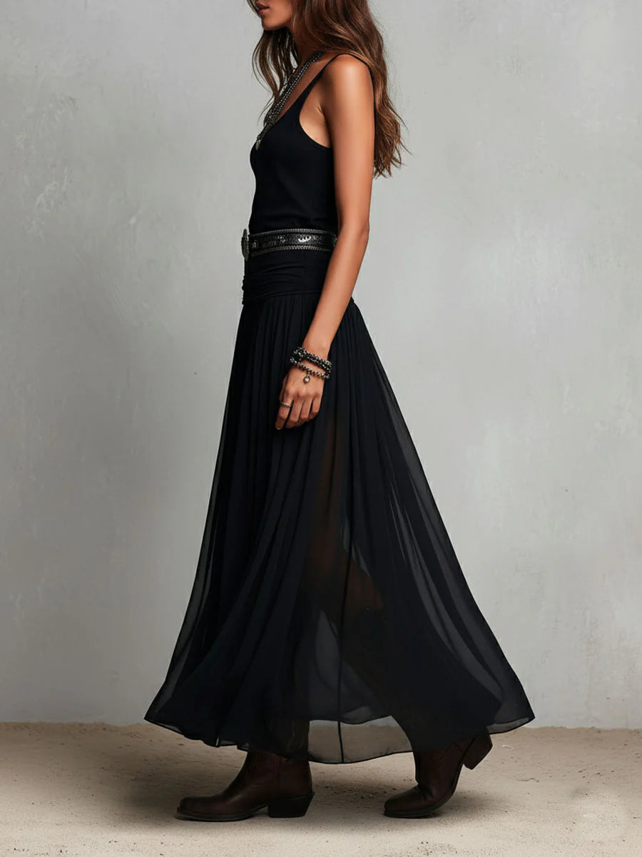 Robe Maxi Noire Sans Manches avec Jupe en Tulle (avec ceinture)