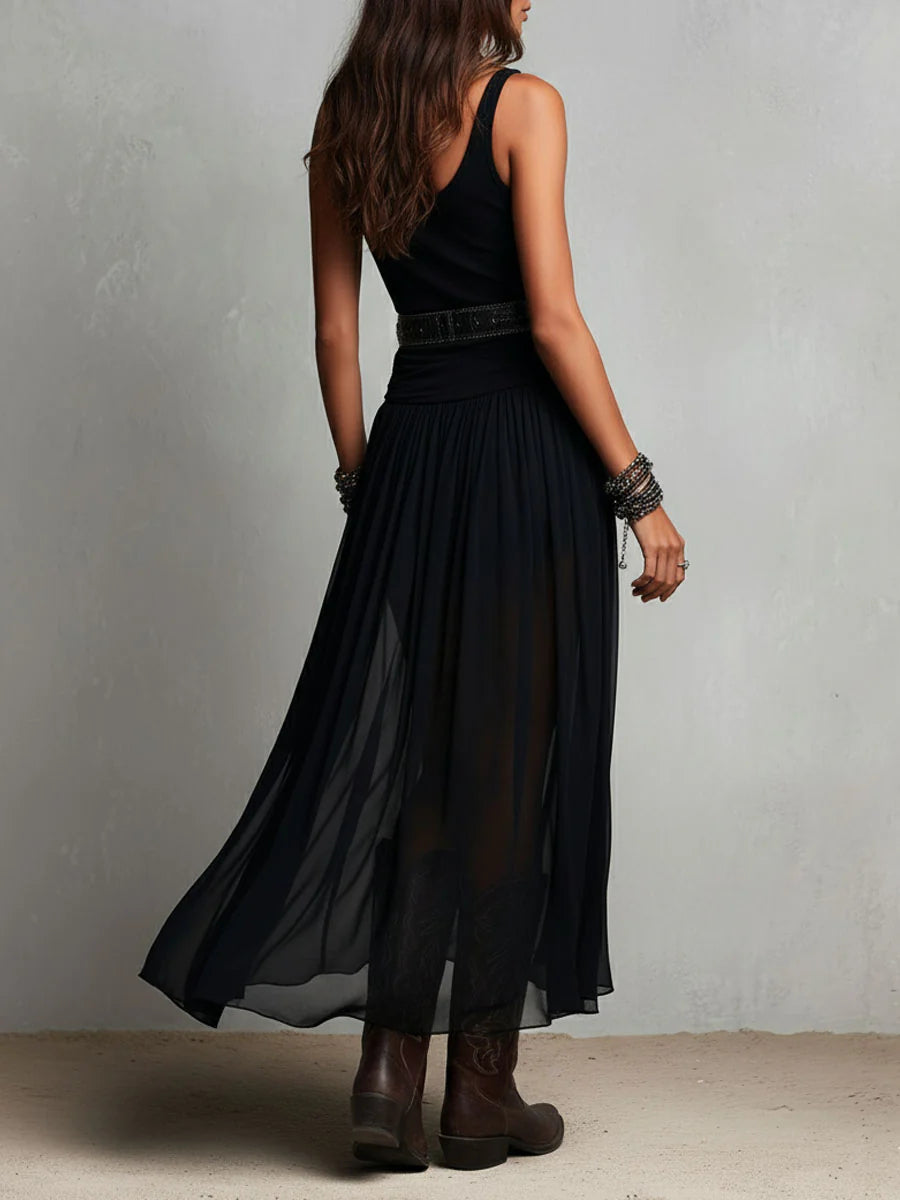Robe Maxi Noire Sans Manches avec Jupe en Tulle (avec ceinture)