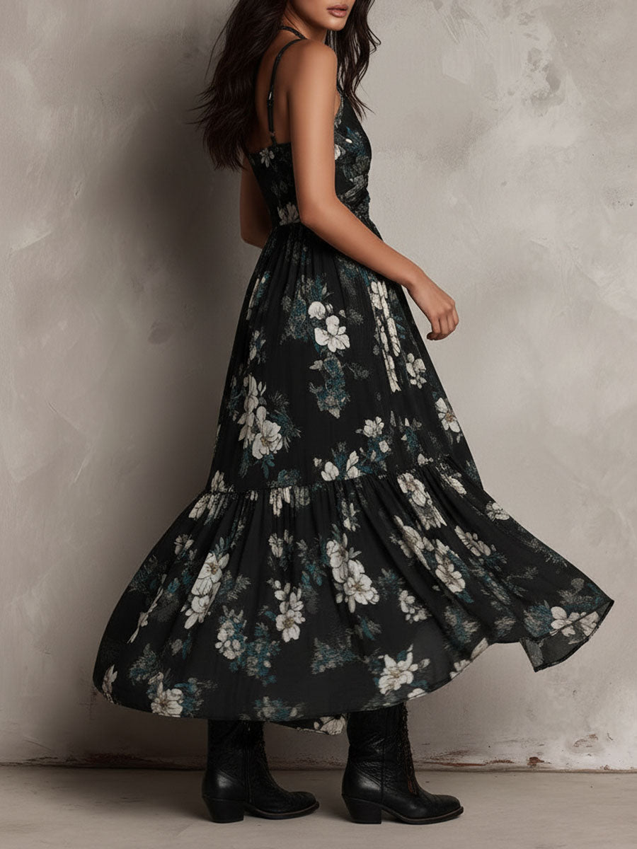 Robe Maxi Noire Bohème à Imprimé Floral Irrégulière Sans Bretelles