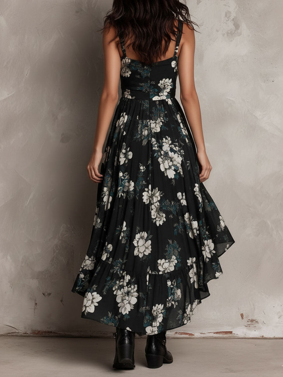 Robe Maxi Noire Bohème à Imprimé Floral Irrégulière Sans Bretelles