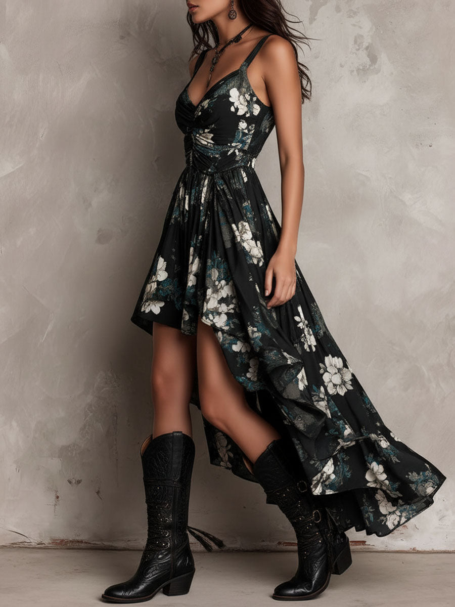 Robe Maxi Noire Bohème à Imprimé Floral Irrégulière Sans Bretelles