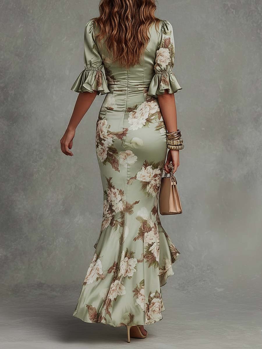 Robe Maxi en Satin Vert à Fleurs Col V Manches Cloche Volantées Coupe Asymétrique