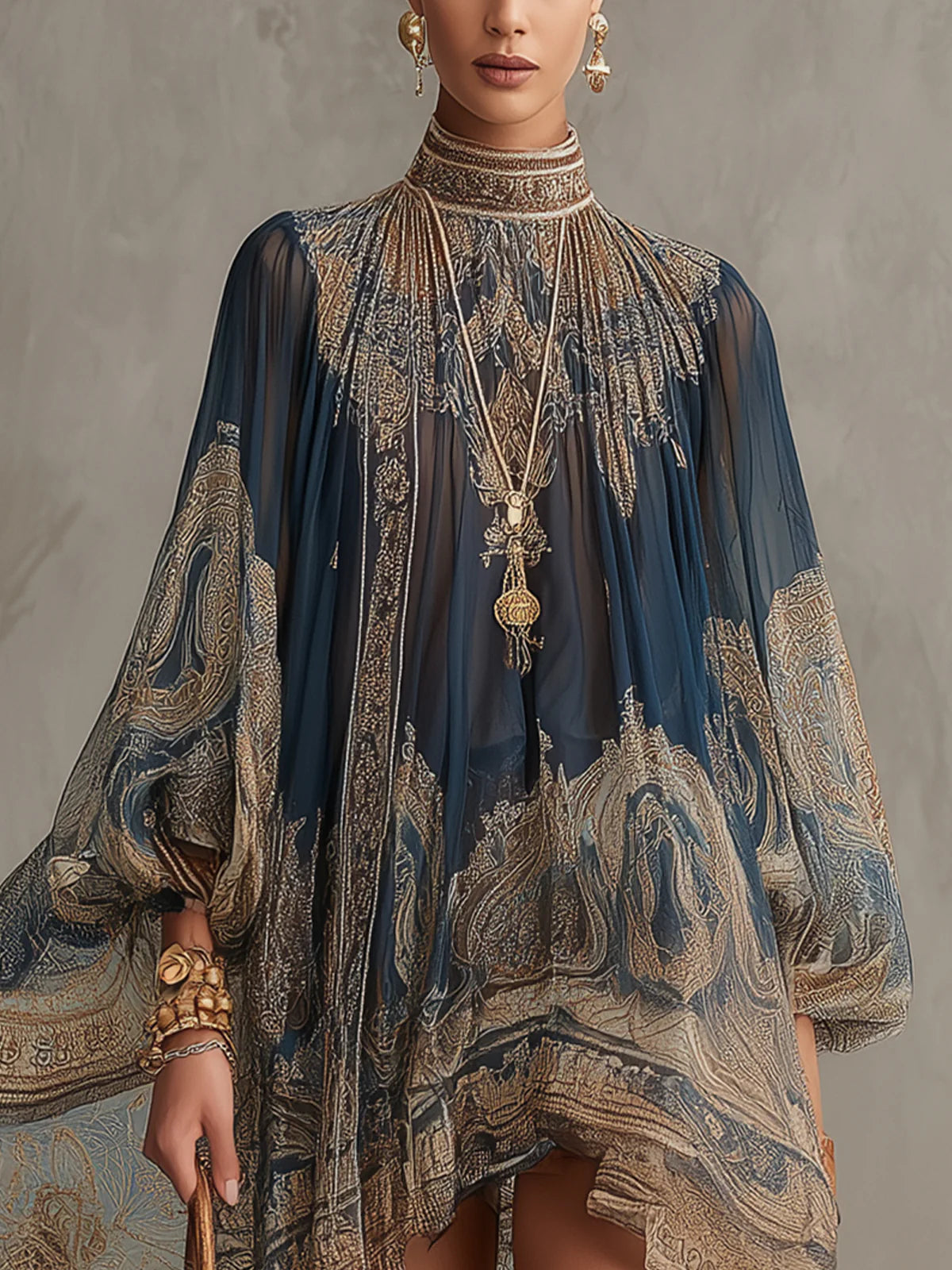 Mini Robe en Mousseline Bleu Marine à Imprimé Baroque Col Haut Coupe Irrégulière