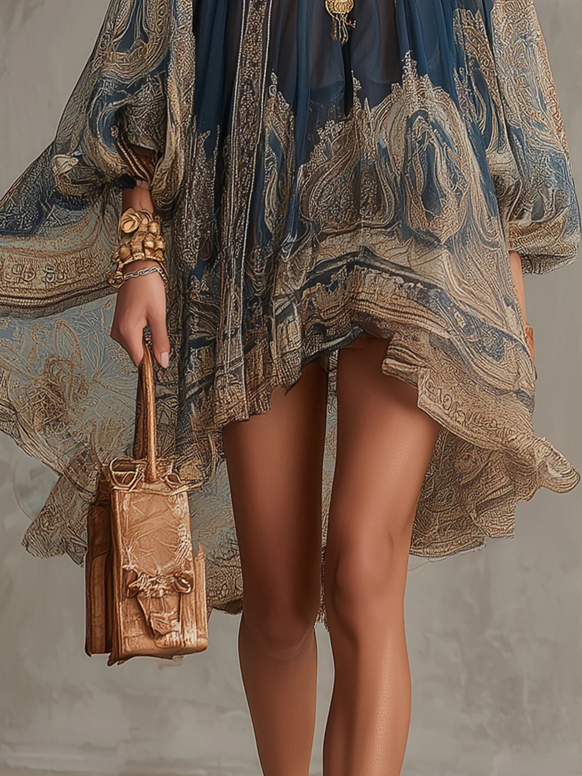 Mini Robe en Mousseline Bleu Marine à Imprimé Baroque Col Haut Coupe Irrégulière