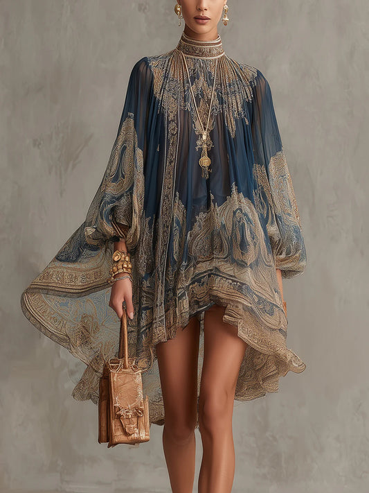 Mini Robe en Mousseline Bleu Marine à Imprimé Baroque Col Haut Coupe Irrégulière