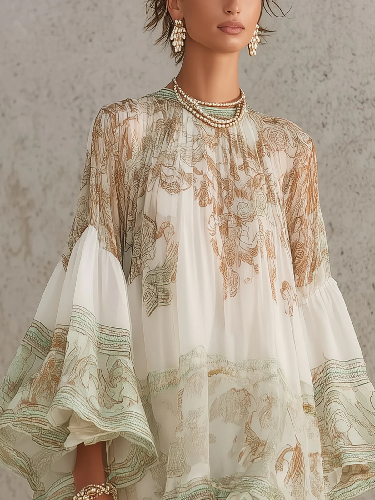 Mini Robe en Mousseline Verte à Imprimé Ourlet Volanté et Manches À Volants