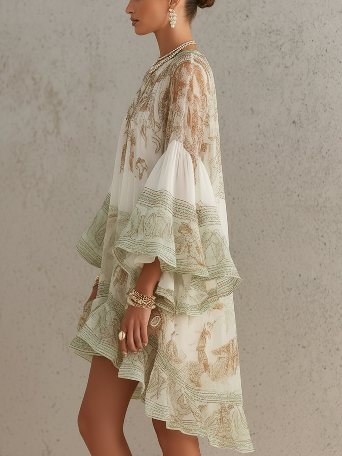 Mini Robe en Mousseline Verte à Imprimé Ourlet Volanté et Manches À Volants