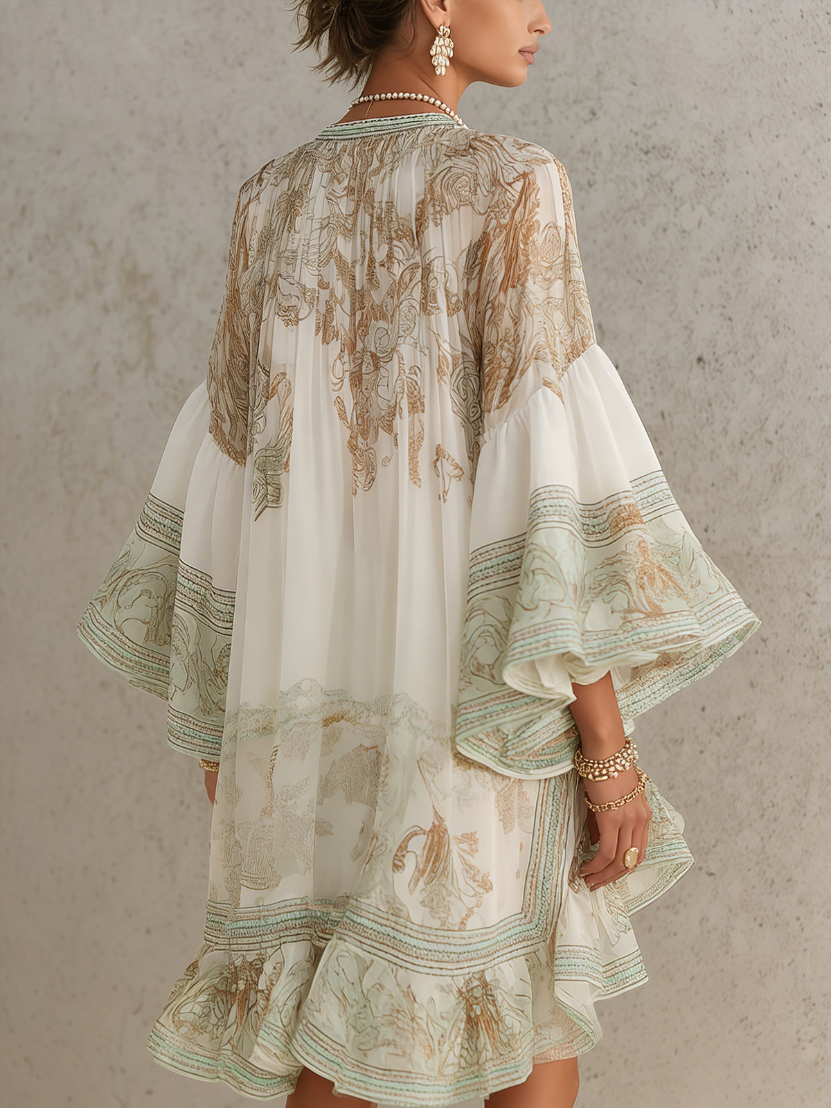 Mini Robe en Mousseline Verte à Imprimé Ourlet Volanté et Manches À Volants