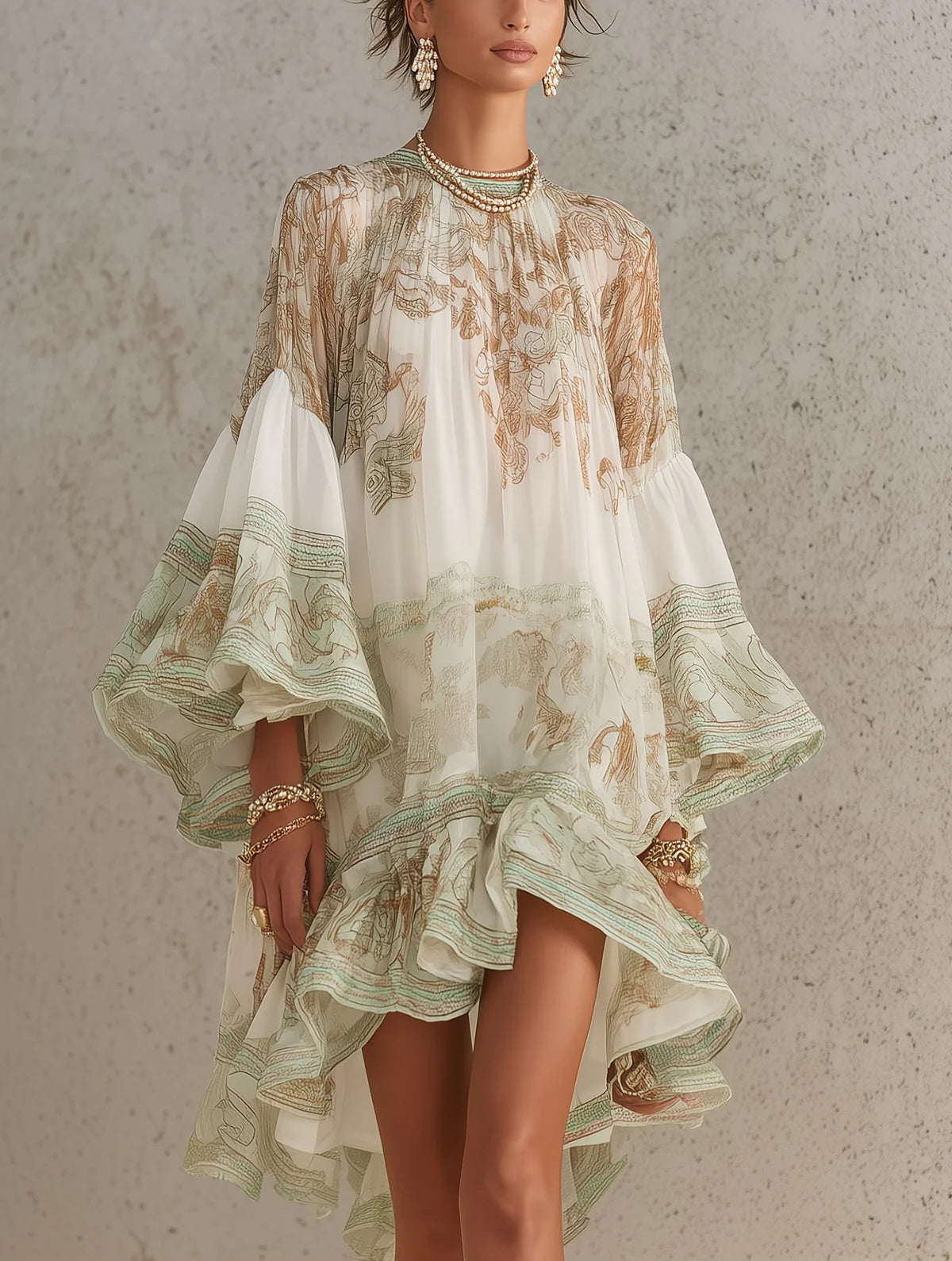 Mini Robe en Mousseline Verte à Imprimé Ourlet Volanté et Manches À Volants