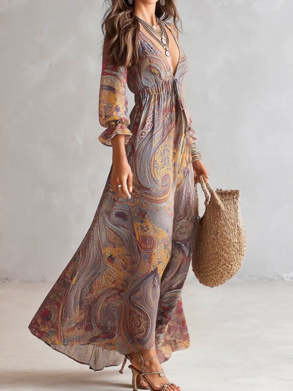 Robe Maxi en Mousseline Froncée à Col V et Imprimé Paisley