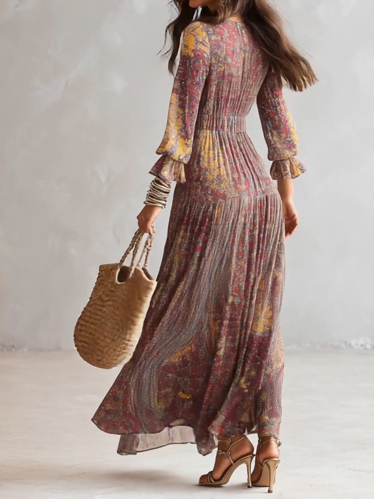 Robe Maxi en Mousseline Froncée à Col V et Imprimé Paisley