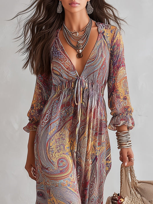 Robe Maxi en Mousseline Froncée à Col V et Imprimé Paisley