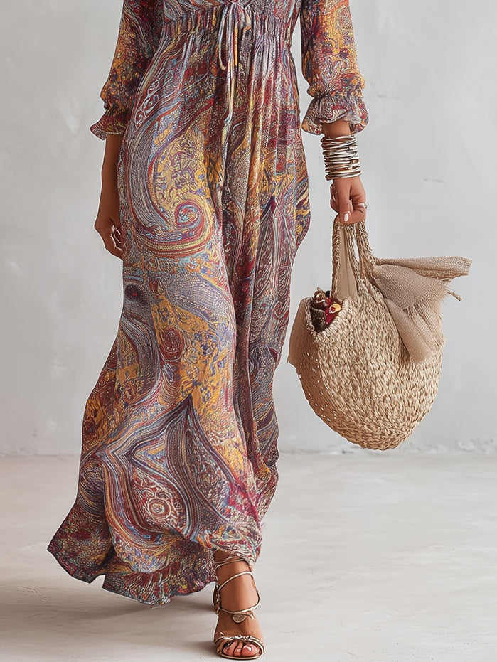 Robe Maxi en Mousseline Froncée à Col V et Imprimé Paisley