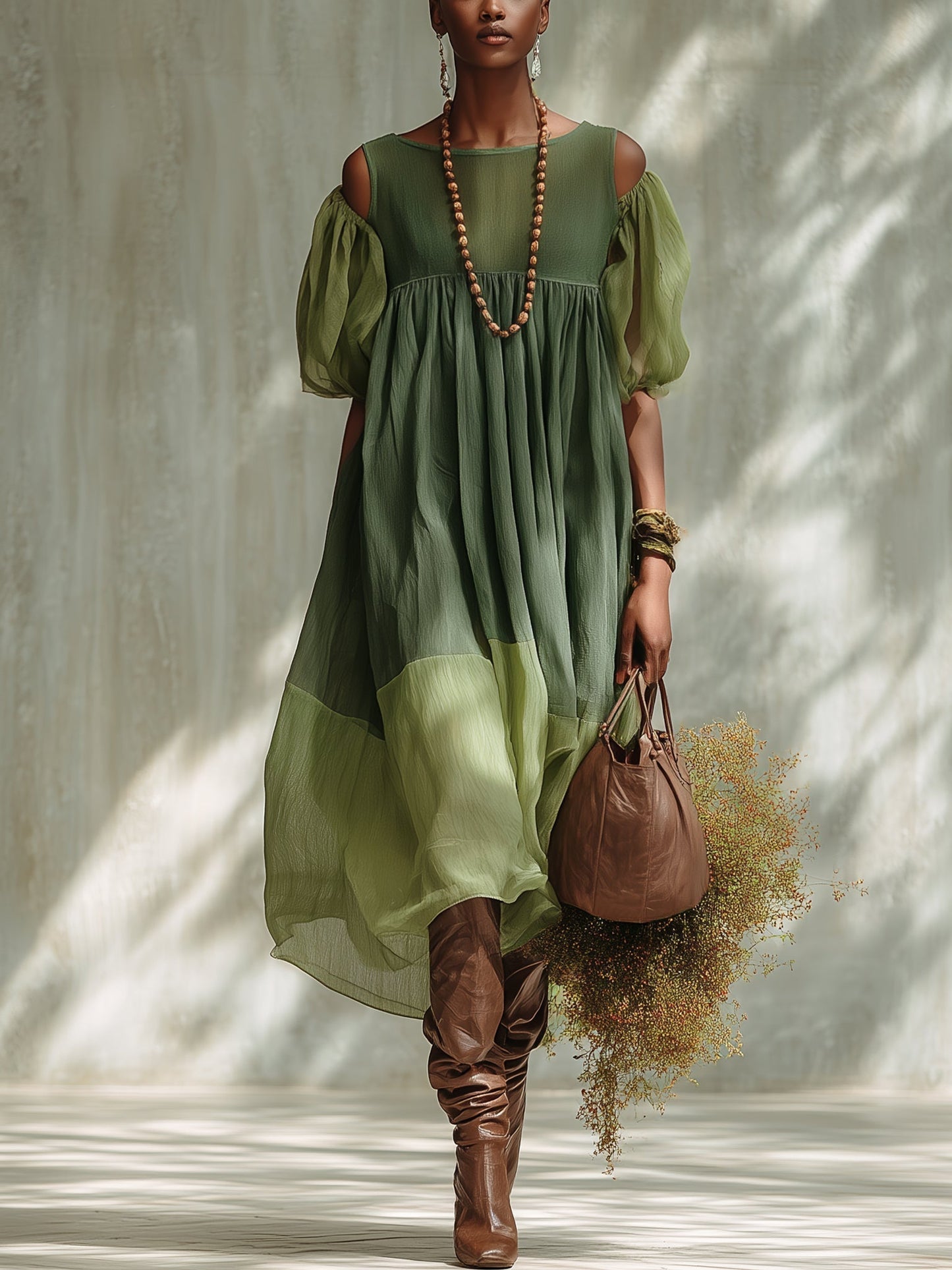 Robe Midi en Mousseline Verte Épaules Dénudées à Manches Courtes