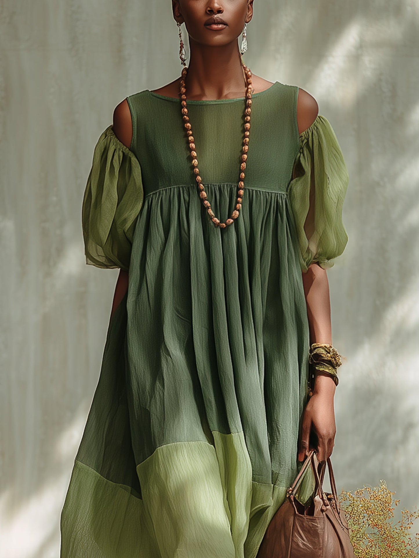 Robe Midi en Mousseline Verte Épaules Dénudées à Manches Courtes