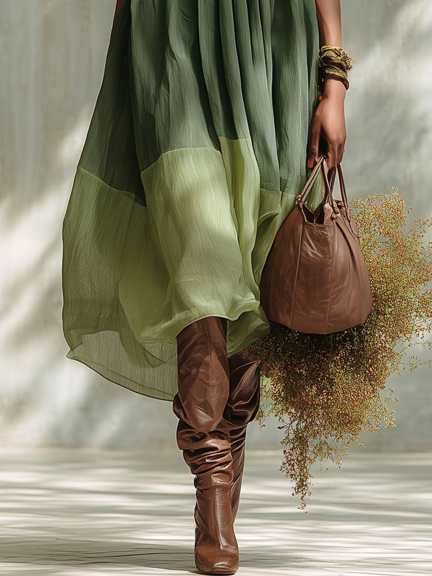 Robe Midi en Mousseline Verte Épaules Dénudées à Manches Courtes