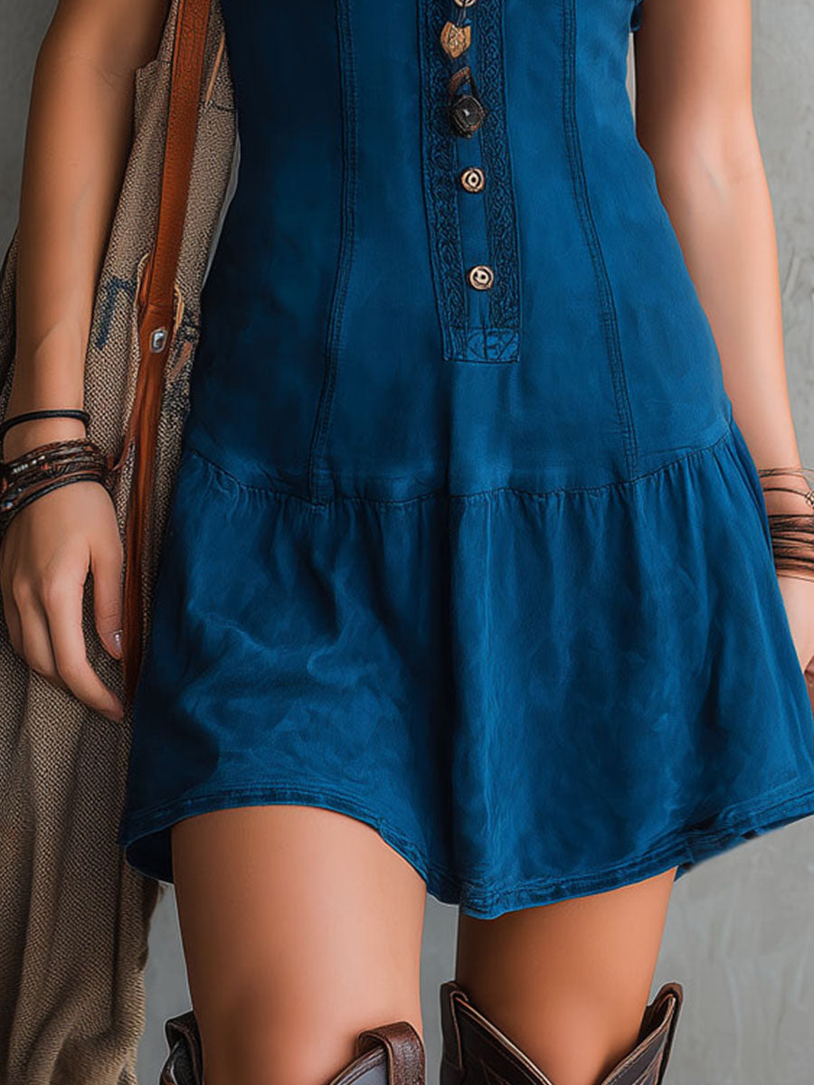 Mini Robe Bohème Indigo à Col V Boutonnage Devant Sans Manches