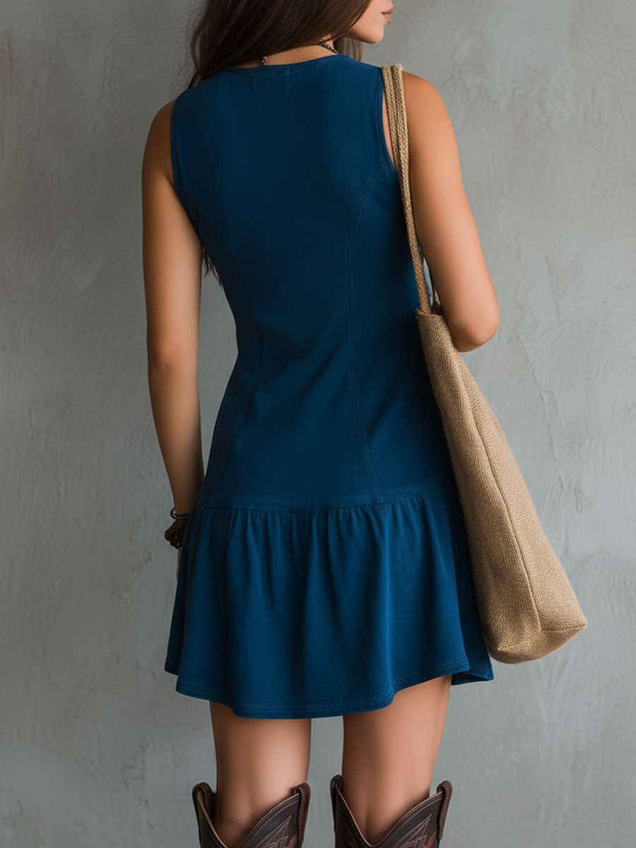 Mini Robe Bohème Indigo à Col V Boutonnage Devant Sans Manches