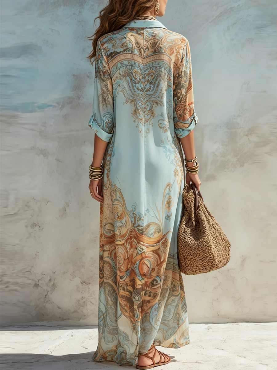Robe Maxi Chemise Bleue à Imprimé Floral Style Vacances