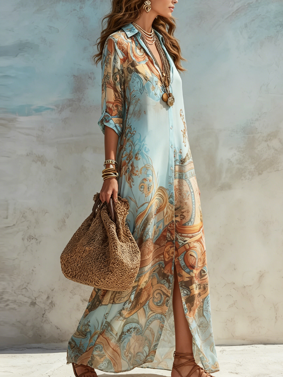 Robe Maxi Chemise Bleue à Imprimé Floral Style Vacances