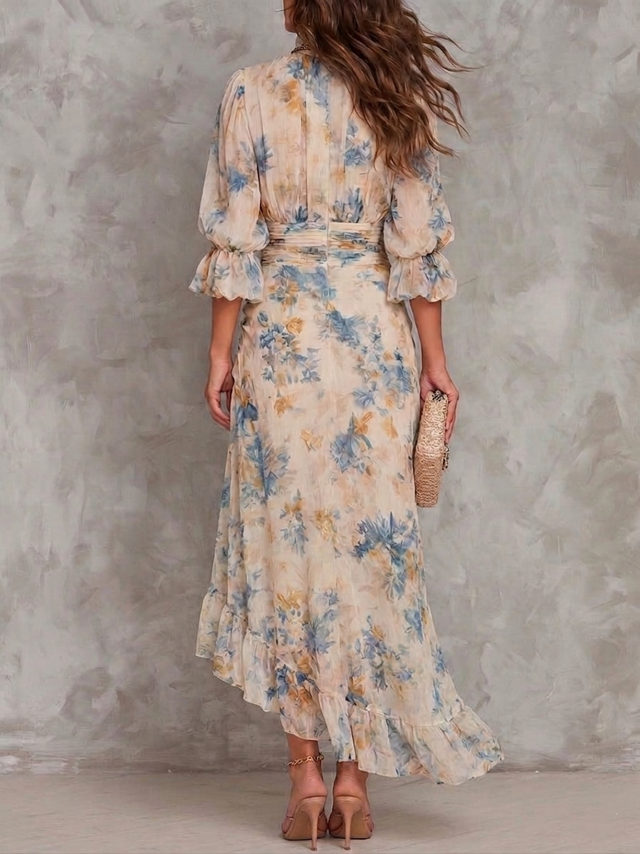 Robe Maxi en Mousseline Beige Col Roulé à Imprimé Floral Peinture à l'Huile Coupe Irrégulière