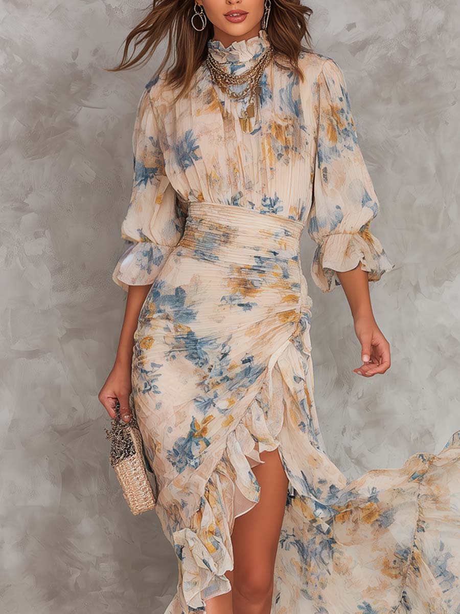 Robe Maxi en Mousseline Beige Col Roulé à Imprimé Floral Peinture à l'Huile Coupe Irrégulière
