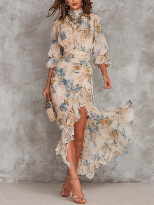 Robe Maxi en Mousseline Beige Col Roulé à Imprimé Floral Peinture à l'Huile Coupe Irrégulière
