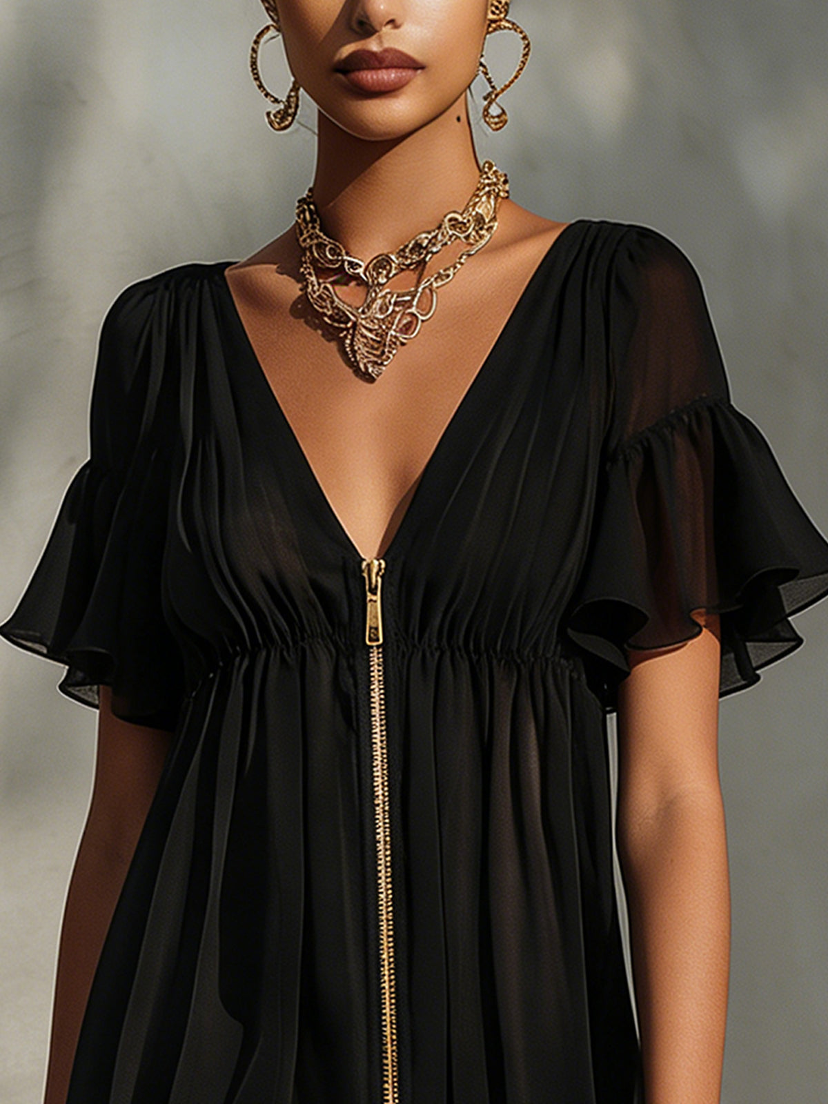 Mini-Robe Noire à Col en V, Fermeture à Glissière, Volants et Bordure en Dentelle