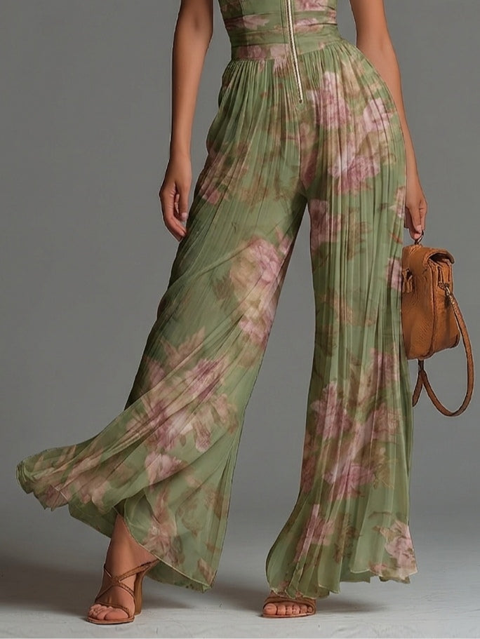 Combinaison Verte en Mousseline Florale à Col V Sans Manches Plissée Jambes Larges avec Fermeture Éclair