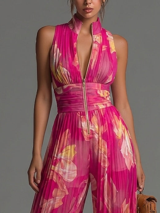 Combinaison Fuchsia en Mousseline à Imprimé Floral Sans Manches Plissée Jambes Larges avec Fermeture Éclair