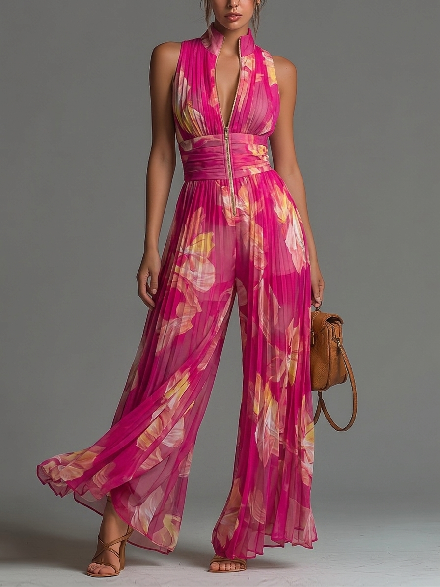 Combinaison Fuchsia en Mousseline à Imprimé Floral Sans Manches Plissée Jambes Larges avec Fermeture Éclair