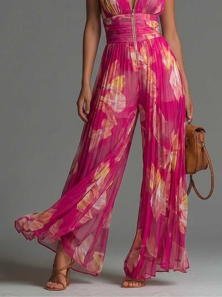 Combinaison Fuchsia en Mousseline à Imprimé Floral Sans Manches Plissée Jambes Larges avec Fermeture Éclair