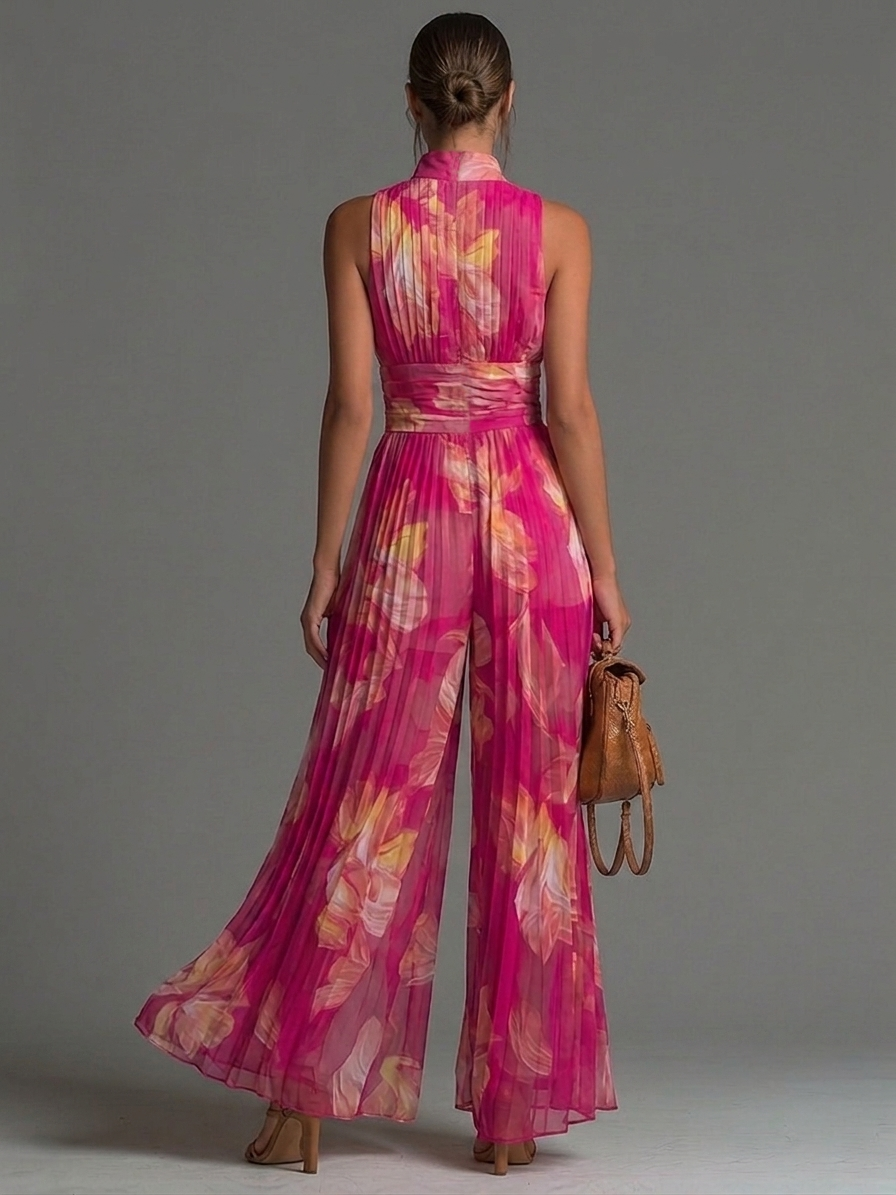 Combinaison Fuchsia en Mousseline à Imprimé Floral Sans Manches Plissée Jambes Larges avec Fermeture Éclair