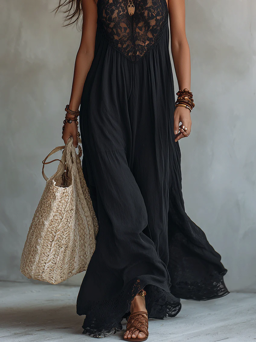 Robe Maxi Bohème Noire Sans Manches à Bordure en Dentelle