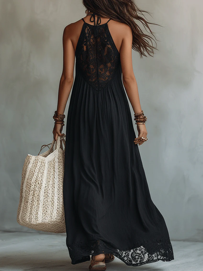 Robe Maxi Bohème Noire Sans Manches à Bordure en Dentelle
