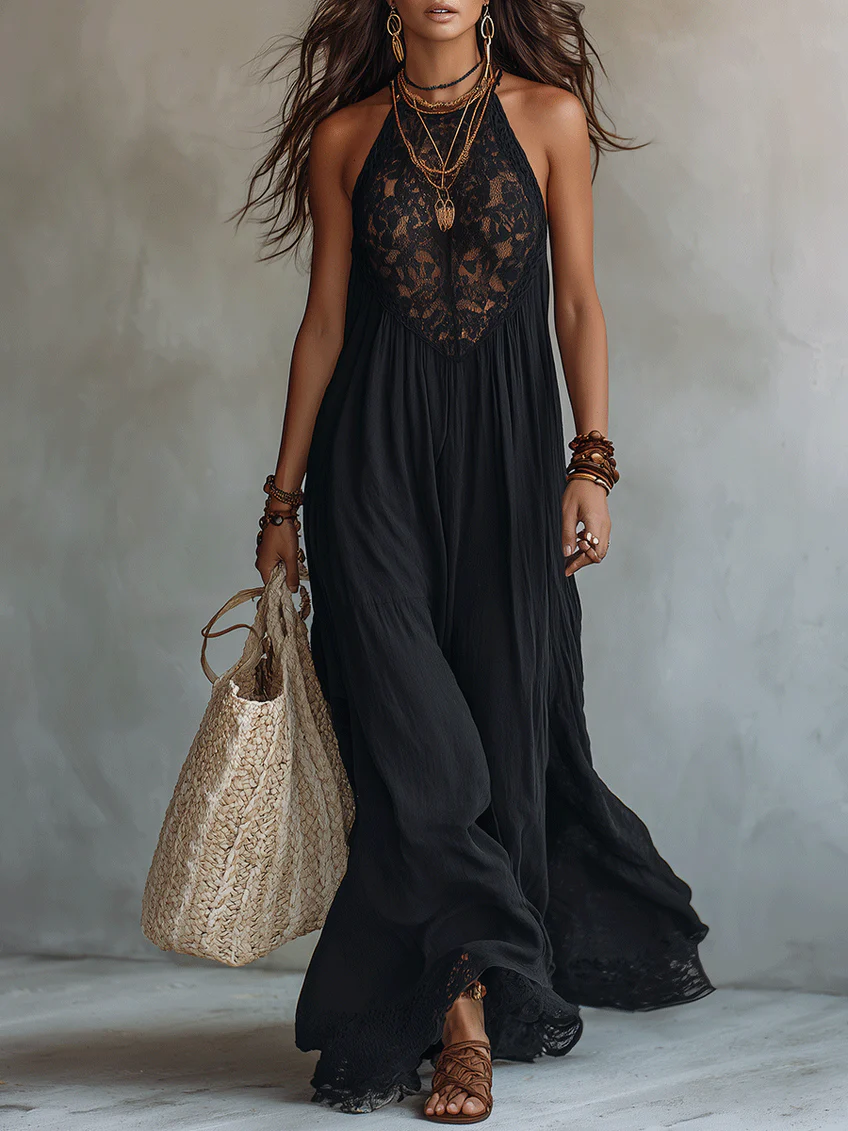 Robe Maxi Bohème Noire Sans Manches à Bordure en Dentelle